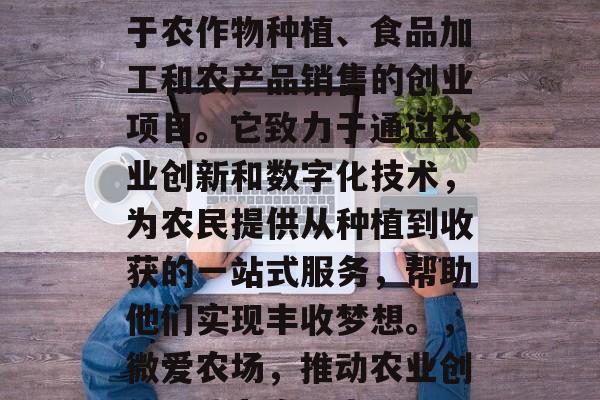 微爱农场——一个专注于农作物种植、食品加工和农产品销售的创业项目。它致力于通过农业创新和数字化技术，为农民提供从种植到收获的一站式服务，帮助他们实现丰收梦想。，微爱农场，推动农业创新，助力农民丰收