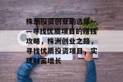 株洲投资创业的选择——寻找优质项目的赚钱攻略,株洲创业之路,寻找优质投资项目,实现财富增长 株洲投资创业的选择——寻找优质项目的赚钱攻略,株洲创业之路,寻找优质投资项目,实现财富增长