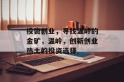 投资创业,寻找温岭的金矿,温岭,创新创业热土的投资选择 投资创业,寻找温岭的金矿,温岭,创新创业热土的投资选择
