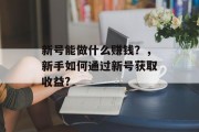 新号能做什么赚钱?,新手如何通过新号获取收益?