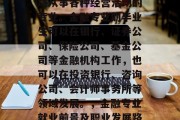 金融专业是指在金融领域从事各种经营活动的专业。金融专业的毕业生可以在银行、证券公司、保险公司、基金公司等金融机构工作,也可以在投资银行、咨询公司、会计师事务所等领域发展。,金融专业就业前景及职业发展路径 金融专业是指在金融领域从事各种经营活动的专业。金融专业的毕业生可以在银行、证券公司、保险公司、基金公司等金融机构工作,也可以在投资银行、咨询公司、会计师事务所等领域发展。,金融专业就业前景及职业发展路径
