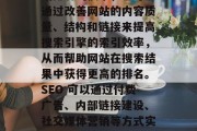 SEO 是一种优化网站排名的技术,它可以通过改善网站的内容质量、结构和链接来提高搜索引擎的索引效率,从而帮助网站在搜索结果中获得更高的排名。SEO 可以通过付费广告、内部链接建设、社交媒体营销等方式实现。,如何通过SEO提高网站排名 SEO 是一种优化网站排名的技术,它可以通过改善网站的内容质量、结构和链接来提高搜索引擎的索引效率,从而帮助网站在搜索结果中获得更高的排名。SEO 可以通过付费广告、内部链接建设、社交媒体营销等方式实现。,如何通过SEO提高网站排名