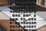 日本有什么赚钱的项目?,日本的商业活动众多,各种投资项目都有机会获得成功。您可以考虑投资于高科技产业、服务业、房地产、金融业等。另外,日本还有一种名为创业投资的投资方式,通过投资于初创公司来获取高额回报。 日本有什么赚钱的项目?,日本的商业活动众多,各种投资项目都有机会获得成功。您可以考虑投资于高科技产业、服务业、房地产、金融业等。另外,日本还有一种名为创业投资的投资方式,通过投资于初创公司来获取高额回报。