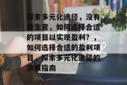 探索多元化途径,没有做生意,如何选择合适的项目以实现盈利?,如何选择合适的盈利项目,探索多元化途径的决策指南 探索多元化途径,没有做生意,如何选择合适的项目以实现盈利?,如何选择合适的盈利项目,探索多元化途径的决策指南