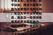 私立大学是相对公立大学而言的,在学费、教学设施、师资力量等方面与前者相比有所区别。私立大学不仅学费较高,而且在一些领域有很高的声誉和影响力,因此也具有一定的投资价值。,私立大学与公立大学比较,差异、投资价值 私立大学是相对公立大学而言的,在学费、教学设施、师资力量等方面与前者相比有所区别。私立大学不仅学费较高,而且在一些领域有很高的声誉和影响力,因此也具有一定的投资价值。,私立大学与公立大学比较,差异、投资价值