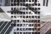 在现代社会中，人们的生活越来越丰富多彩，追求生活品质和精神满足的人们开始寻找各种各样的赚钱方式。现世作为一个充满无限可能的环境，为人们的财富积累提供了广阔的空间。，多元化的赚钱方式，现代生活的财富增值途径