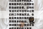 做一个全职自由职业者,做什么工作室赚钱?这是一个备受关注的话题,随着社会的发展和人们生活水平的提高,越来越多的人选择做全职自由职业者。这样的生活方式不仅可以让他们的工作更加灵活,也能实现自我价值的同时获得更多的收益。本文将详细介绍一些适合自由职业者的收入来源,并讨论如何选择合适的项目。,全职自由职业者的主要收入来源及其选择建议
