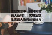 注塑生意中，如何实现最大盈利？，实现注塑生意最大盈利的策略与途径