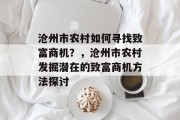 沧州市农村如何寻找致富商机?,沧州市农村发掘潜在的致富商机方法探讨 沧州市农村如何寻找致富商机?,沧州市农村发掘潜在的致富商机方法探讨