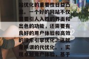 在信息爆炸的时代,网站优化的重要性日益凸显。一个好的网站不仅需要引人入胜的界面和出色的功能,还需要有良好的用户体验和高效的搜索引擎优化。这就是所谓的代优化。,实现卓越用户体验,基于SEO的网站优化策略 在信息爆炸的时代,网站优化的重要性日益凸显。一个好的网站不仅需要引人入胜的界面和出色的功能,还需要有良好的用户体验和高效的搜索引擎优化。这就是所谓的代优化。,实现卓越用户体验,基于SEO的网站优化策略