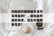 到越南开展哪些生意可实现盈利?,越南盈利商机探索,适合开展哪些生意?