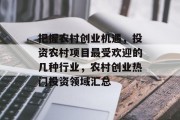 把握农村创业机遇,投资农村项目最受欢迎的几种行业,农村创业热门投资领域汇总 把握农村创业机遇,投资农村项目最受欢迎的几种行业,农村创业热门投资领域汇总