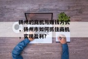 扬州的商机与赚钱方式,扬州市如何抓住商机,实现盈利? 扬州的商机与赚钱方式,扬州市如何抓住商机,实现盈利?
