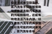蒸汽洗车可以作为一种投资方式来获取盈利。蒸汽洗车不仅能够帮助车主快速去除汽车表面的污垢和指纹,还能有效地清洁汽车内部。以下是蒸汽洗车的具体做法以及可能的利润来源。,蒸汽洗车市场,一种潜在的投资机会