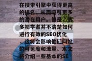 SEO优化对于任何网站来说都是至关重要的,它可以帮助您的网站在搜索引擎中获得更高的排名,从而吸引更多的潜在用户。但是,很多初学者并不清楚如何进行有效的SEO优化,这将会影响他们网站的可见度和流量。本文将介绍一些基本的SEO优化策略。,简单易懂,5种有效SEO优化策略 SEO优化对于任何网站来说都是至关重要的,它可以帮助您的网站在搜索引擎中获得更高的排名,从而吸引更多的潜在用户。但是,很多初学者并不清楚如何进行有效的SEO优化,这将会影响他们网站的可见度和流量。本文将介绍一些基本的SEO优化策略。,简单易懂,5种有效SEO优化策略