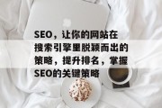 SEO,让你的网站在搜索引擎里脱颖而出的策略,提升排名,掌握SEO的关键策略 SEO,让你的网站在搜索引擎里脱颖而出的策略,提升排名,掌握SEO的关键策略