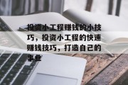 投资小工程赚钱的小技巧,投资小工程的快速赚钱技巧,打造自己的事业 投资小工程赚钱的小技巧,投资小工程的快速赚钱技巧,打造自己的事业