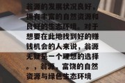翁源的发展状况良好,拥有丰富的自然资源和良好的生态环境。对于想要在此地找到好的赚钱机会的人来说,翁源无疑是一个理想的选择。,翁源,富饶的自然资源与绿色生态环境 翁源的发展状况良好,拥有丰富的自然资源和良好的生态环境。对于想要在此地找到好的赚钱机会的人来说,翁源无疑是一个理想的选择。,翁源,富饶的自然资源与绿色生态环境