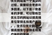 优化网站是一个复杂的过程,需要综合考虑许多因素。以下是一些基本的步骤,可以帮助您优化您的网站以提高搜索引擎排名和用户体验。,全方位优化网站,提高搜索引擎排名和用户体验的策略 优化网站是一个复杂的过程,需要综合考虑许多因素。以下是一些基本的步骤,可以帮助您优化您的网站以提高搜索引擎排名和用户体验。,全方位优化网站,提高搜索引擎排名和用户体验的策略