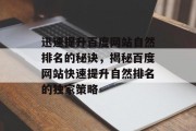 迅速提升百度网站自然排名的秘诀，揭秘百度网站快速提升自然排名的独家策略