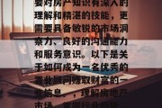 在房地产市场中,一位出色的置业顾问不仅需要对房产知识有深入的理解和精湛的技能,更需要具备敏锐的市场洞察力、良好的沟通能力和服务意识。以下是关于如何成为一名优秀的置业顾问赚取财富的一些信息。,理解房地产市场,掌握行业趋势,成为成功的置业顾问的关键因素 在房地产市场中,一位出色的置业顾问不仅需要对房产知识有深入的理解和精湛的技能,更需要具备敏锐的市场洞察力、良好的沟通能力和服务意识。以下是关于如何成为一名优秀的置业顾问赚取财富的一些信息。,理解房地产市场,掌握行业趋势,成为成功的置业顾问的关键因素