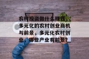农村投资做什么赚钱,多元化的农村创业商机与前景,多元化农村创业,哪些产业有前景? 农村投资做什么赚钱,多元化的农村创业商机与前景,多元化农村创业,哪些产业有前景?