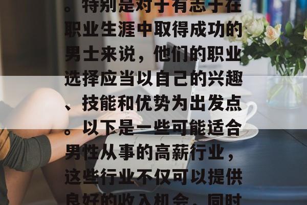 男士在当前这个充满竞争激烈的世界里,选择一份符合自己兴趣和专长的工作是非常重要的。特别是对于有志于在职业生涯中取得成功的男士来说,他们的职业选择应当以自己的兴趣、技能和优势为出发点。以下是一些可能适合男性从事的高薪行业,这些行业不仅可以提供良好的收入机会,同时也能帮助他们实现自我价值。,成为成功的男士,适合的职业选择建议 男士在当前这个充满竞争激烈的世界里,选择一份符合自己兴趣和专长的工作是非常重要的。特别是对于有志于在职业生涯中取得成功的男士来说,他们的职业选择应当以自己的兴趣、技能和优势为出发点。以下是一些可能适合男性从事的高薪行业,这些行业不仅可以提供良好的收入机会,同时也能帮助他们实现自我价值。,成为成功的男士,适合的职业选择建议