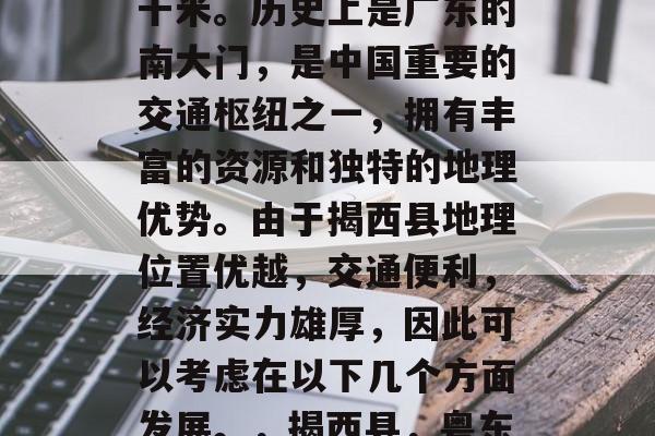 揭西县位于广东省中部，面积为2086平方千米。历史上是广东的南大门，是中国重要的交通枢纽之一，拥有丰富的资源和独特的地理优势。由于揭西县地理位置优越，交通便利，经济实力雄厚，因此可以考虑在以下几个方面发展。，揭西县，粤东门户，交通枢纽，发展潜力巨大