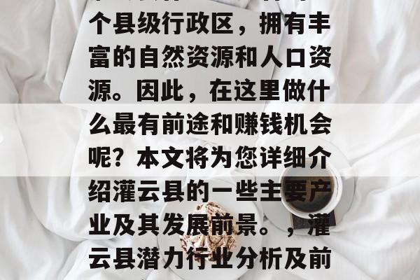灌云县作为江苏省的一个县级行政区,拥有丰富的自然资源和人口资源。因此,在这里做什么最有前途和赚钱机会呢?本文将为您详细介绍灌云县的一些主要产业及其发展前景。,灌云县潜力行业分析及前景展望 灌云县作为江苏省的一个县级行政区,拥有丰富的自然资源和人口资源。因此,在这里做什么最有前途和赚钱机会呢?本文将为您详细介绍灌云县的一些主要产业及其发展前景。,灌云县潜力行业分析及前景展望