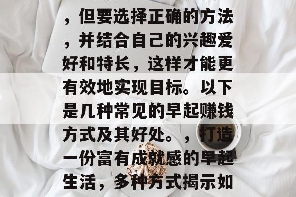 早起赚钱的方式有很多，但要选择正确的方法，并结合自己的兴趣爱好和特长，这样才能更有效地实现目标。以下是几种常见的早起赚钱方式及其好处。，打造一份富有成就感的早起生活，多种方式揭示如何赚钱并达到目标
