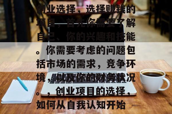 创业选择，选择赚钱的项目，首先你需要了解自己、你的兴趣和技能。你需要考虑的问题包括市场的需求，竞争环境，以及你的财务状况。，创业项目的选择，如何从自我认知开始
