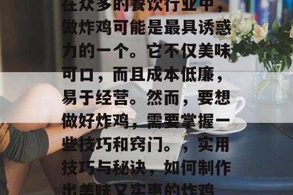 在众多的餐饮行业中,做炸鸡可能是最具诱惑力的一个。它不仅美味可口,而且成本低廉,易于经营。然而,要想做好炸鸡,需要掌握一些技巧和窍门。,实用技巧与秘诀,如何制作出美味又实惠的炸鸡 在众多的餐饮行业中,做炸鸡可能是最具诱惑力的一个。它不仅美味可口,而且成本低廉,易于经营。然而,要想做好炸鸡,需要掌握一些技巧和窍门。,实用技巧与秘诀,如何制作出美味又实惠的炸鸡