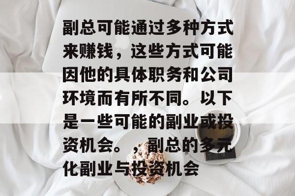 副总可能通过多种方式来赚钱，这些方式可能因他的具体职务和公司环境而有所不同。以下是一些可能的副业或投资机会。，副总的多元化副业与投资机会