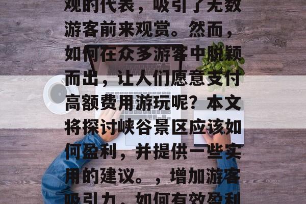 峡谷景区是一种自然景观的代表,吸引了无数游客前来观赏。然而,如何在众多游客中脱颖而出,让人们愿意支付高额费用游玩呢?本文将探讨峡谷景区应该如何盈利,并提供一些实用的建议。,增加游客吸引力,如何有效盈利于峡谷景区 峡谷景区是一种自然景观的代表,吸引了无数游客前来观赏。然而,如何在众多游客中脱颖而出,让人们愿意支付高额费用游玩呢?本文将探讨峡谷景区应该如何盈利,并提供一些实用的建议。,增加游客吸引力,如何有效盈利于峡谷景区