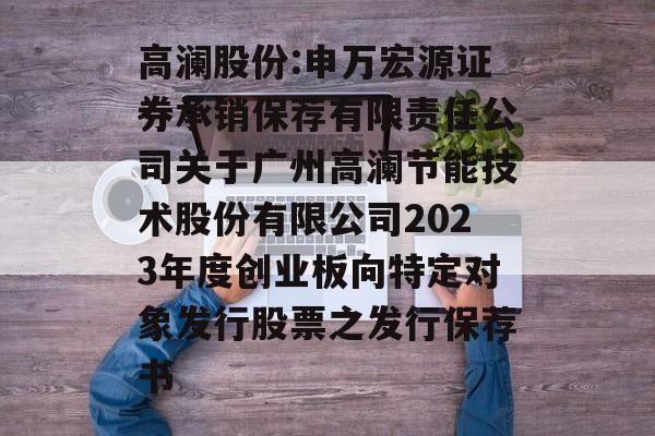 高澜股份:申万宏源证券承销保荐有限责任公司关于广州高澜节能技术股份有限公司2023年度创业板向特定对象发行股票之发行保荐书