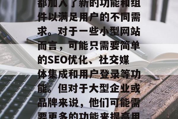 在如今的互联网时代,网站已经成为商业活动不可或缺的一部分。随着各种需求和功能的需求不断提升,许多网站都加入了新的功能和组件以满足用户的不同需求。对于一些小型网站而言,可能只需要简单的SEO优化、社交媒体集成和用户登录等功能。但对于大型企业或品牌来说,他们可能需要更多的功能来提高用户的参与度和转化率。这就是为什么网站加入了插件的重要性的原因。,插件,让您的网站更强大! 在如今的互联网时代,网站已经成为商业活动不可或缺的一部分。随着各种需求和功能的需求不断提升,许多网站都加入了新的功能和组件以满足用户的不同需求。对于一些小型网站而言,可能只需要简单的SEO优化、社交媒体集成和用户登录等功能。但对于大型企业或品牌来说,他们可能需要更多的功能来提高用户的参与度和转化率。这就是为什么网站加入了插件的重要性的原因。,插件,让您的网站更强大!